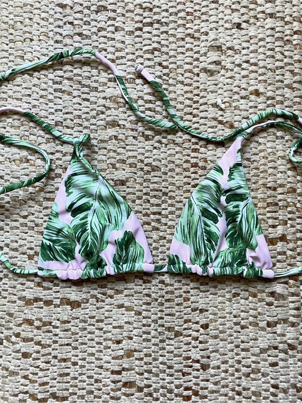 Skatie Pink Triangle Bikini Top with Green Leaf Print